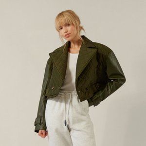 Nasty Gal NWT Crop Quilted Mac Olive Green Cropped Waterproof Jacket 6